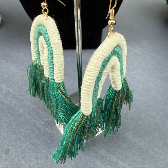 Macrame Woven Rainbow Tassel Earrings in Teal Green and White - Picture 6 of 10